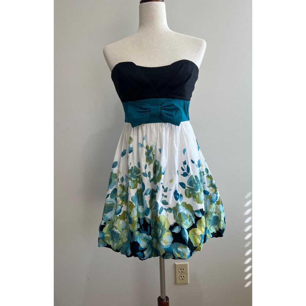 Y2K Speechless Strapless Bubble Dress Juniors 5 Teal Floral with Bow Detail